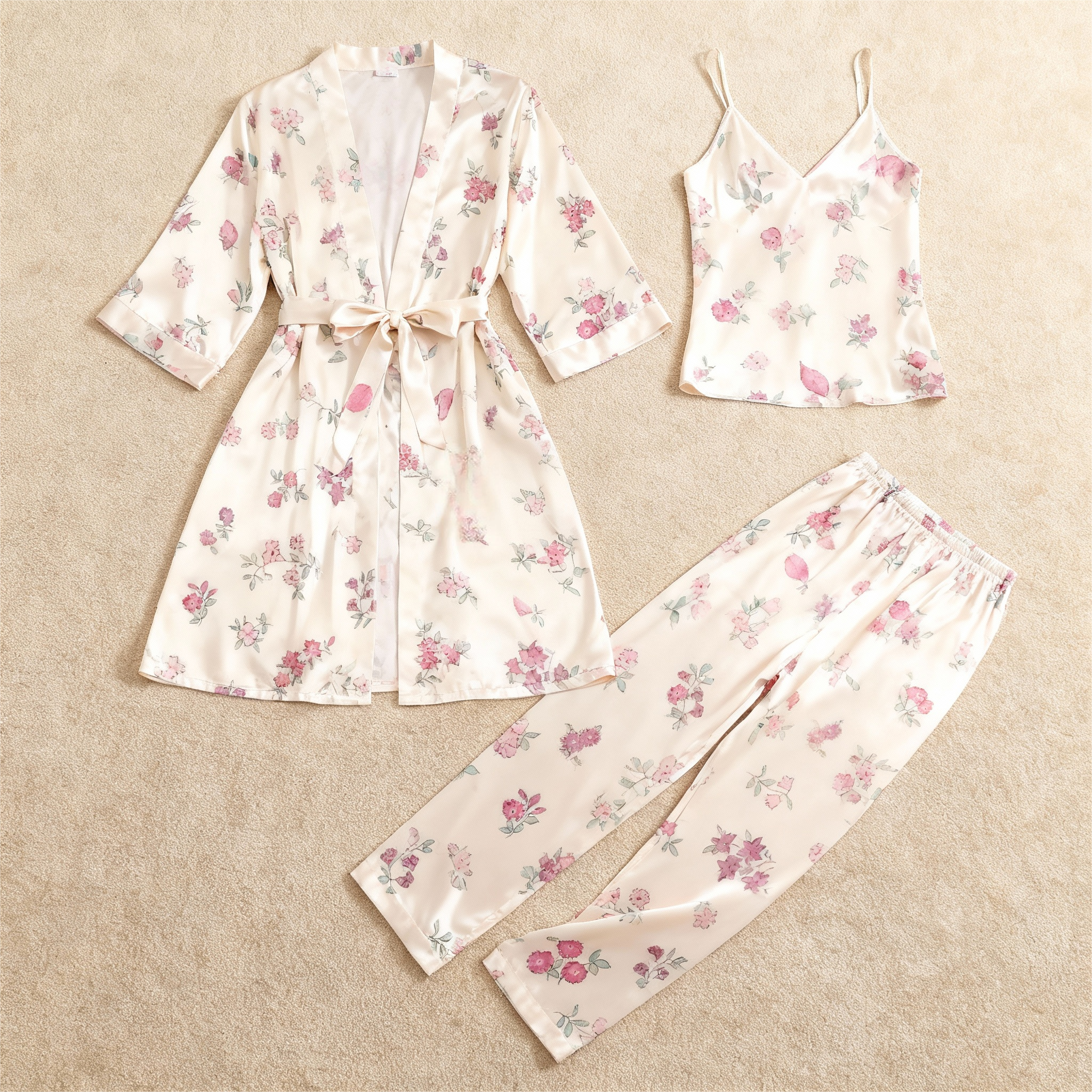 Women’s Silky Satin Homewear Set with Pink Floral Motifs