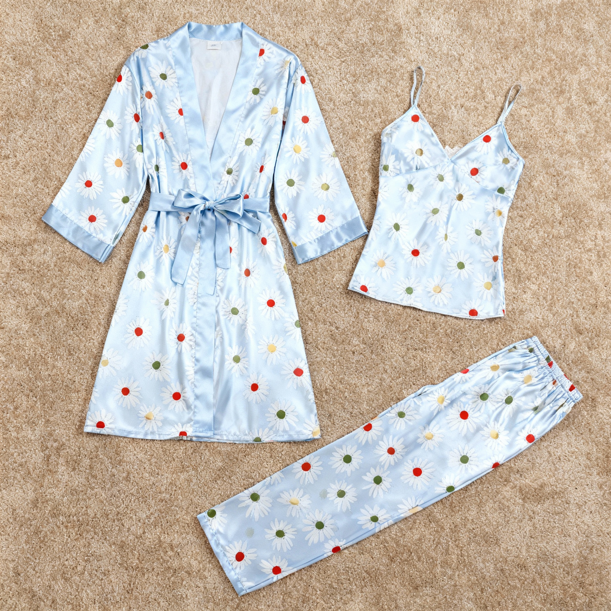 Women’s Light Blue Silky Satin Homewear Set with Daisy Floral Motifs