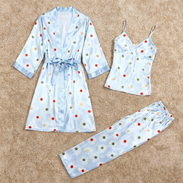 Women’s Light Blue Silky Satin Homewear Set with Daisy Floral Motifs