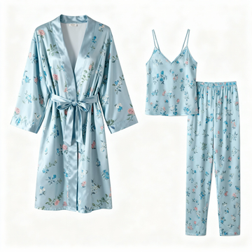 Women’s Light Blue Silky Satin Homewear Set with Floral Motifs