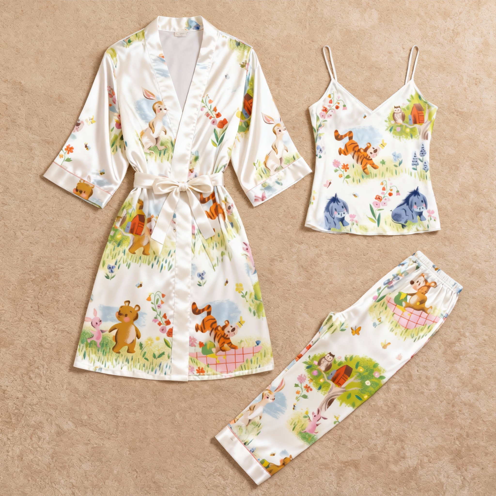 Women’s Silky Satin Homewear Set with Playful Animal Motifs