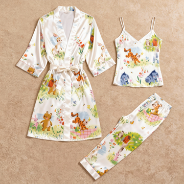Women’s Silky Satin Homewear Set with Playful Animal Motifs