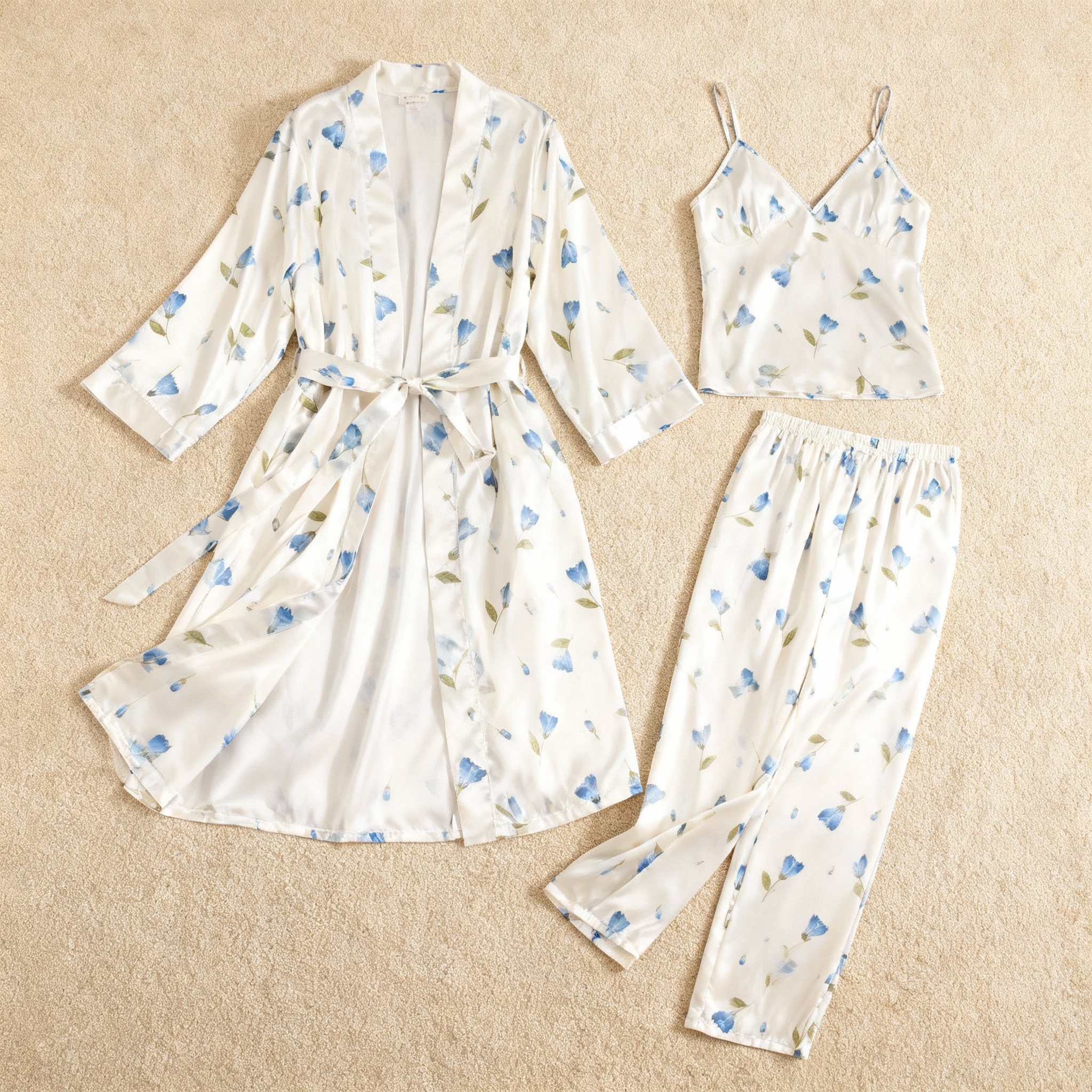 Women’s Silky Satin Homewear Set with Watercolor Blue Floral Motifs