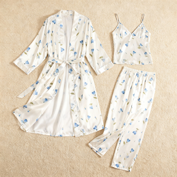 Women’s Silky Satin Homewear Set with Watercolor Blue Floral Motifs