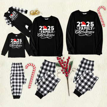 "2025 Family Christmas" Letter Print Black Long Sleeve Top with Black And White Plaid Pants Family Matching Pajamas