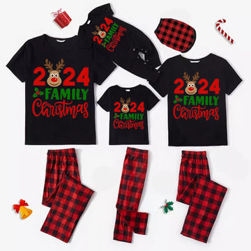 "2024 Family Christmas" Moose Letter Prints Black Short Sleeve with Red & Black Plaid Pant Family Matching Pajamas