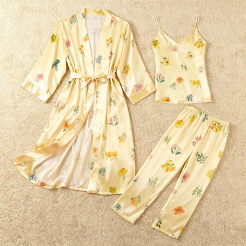 Silky Satin 3-Piece Yellow Nightwear Set with Tiny Florals Design