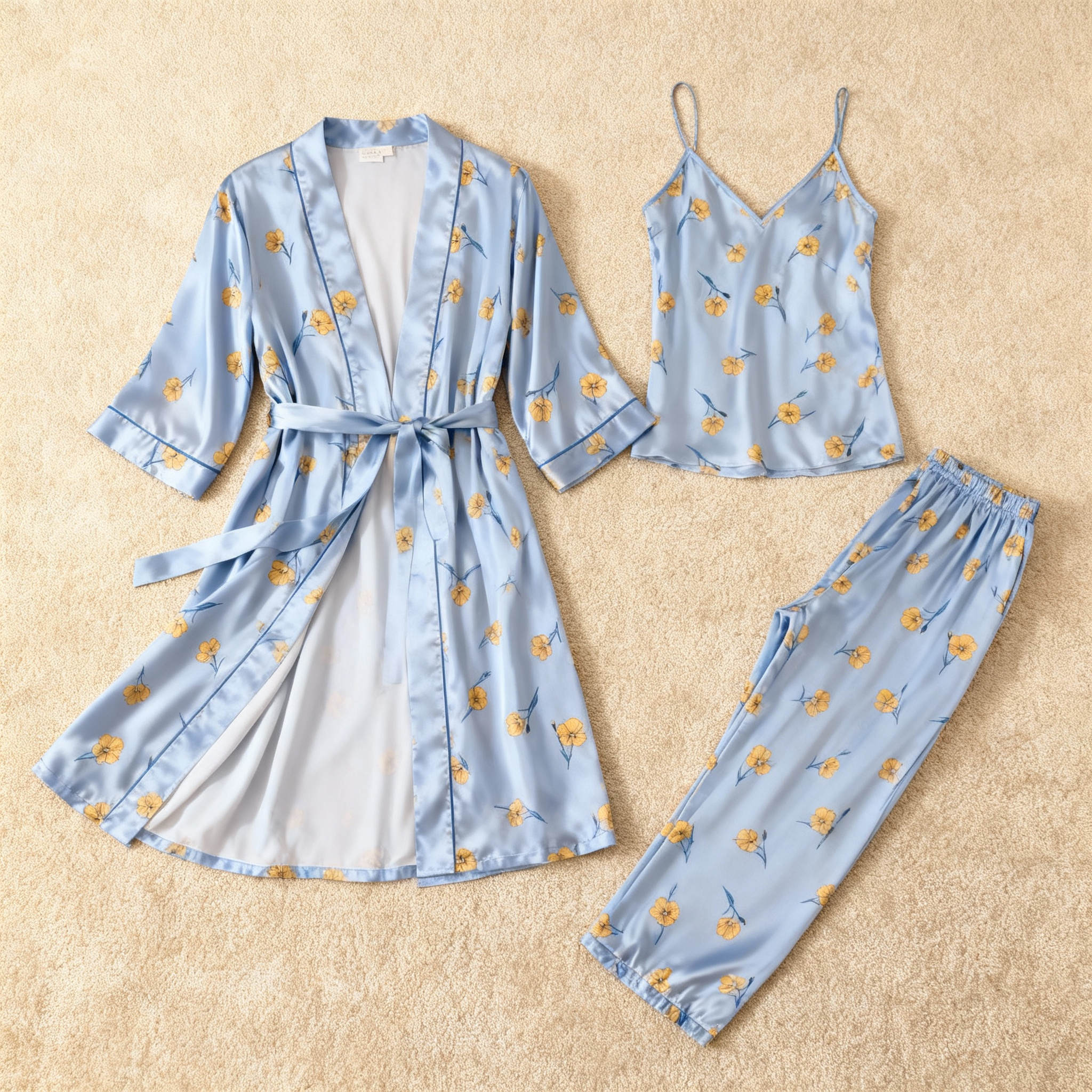 Women’s Blue Silky Satin Homewear Set with Yellow Floral Motifs