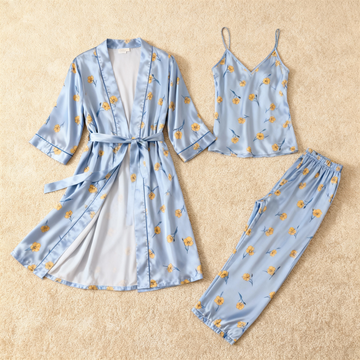 Women’s Blue Silky Satin Homewear Set with Yellow Floral Motifs