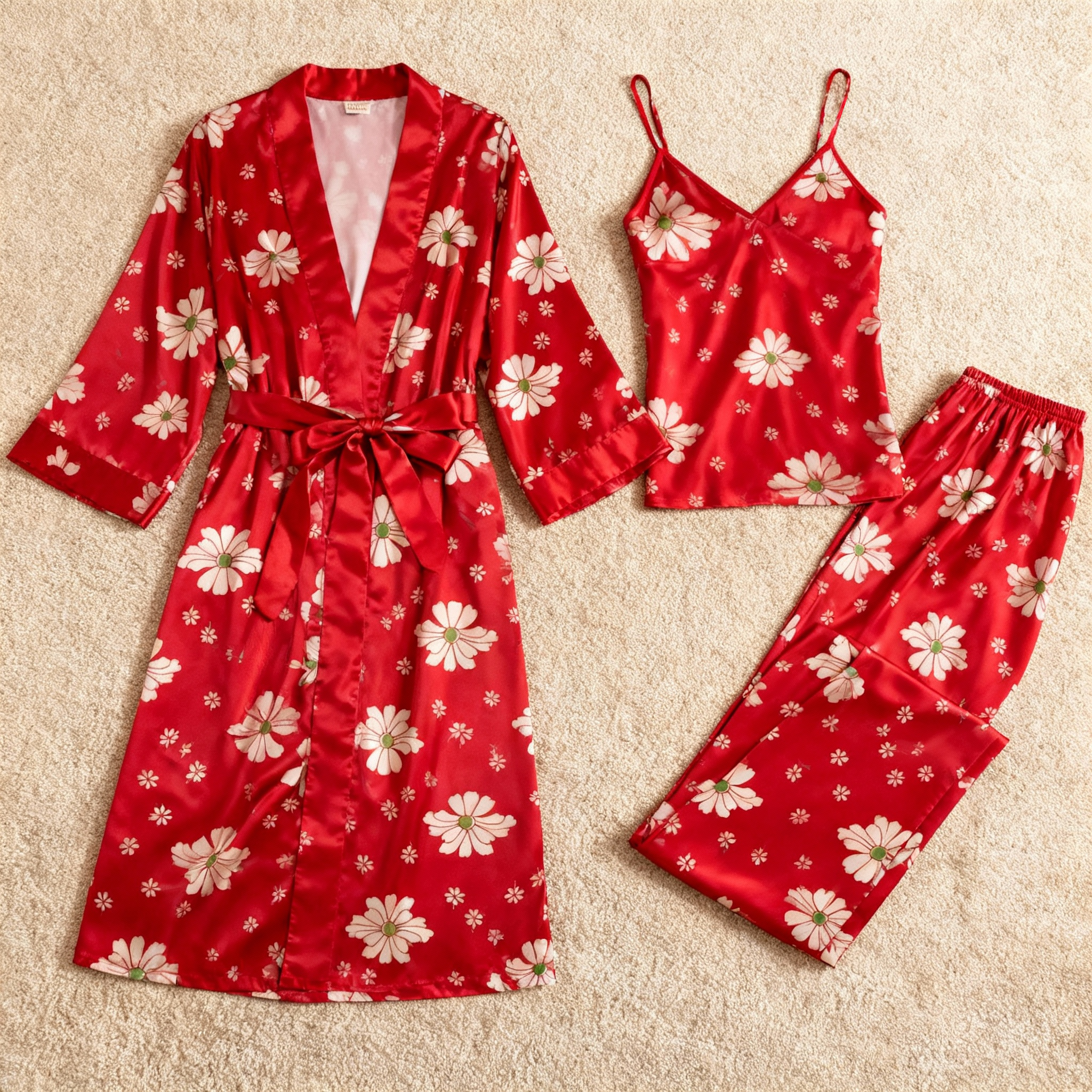 Silky Satin 3-Piece Red Nightwear Set in Midnight Romantic Style
