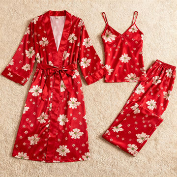 Silky Satin 3-Piece Red Nightwear Set in Midnight Romantic Style