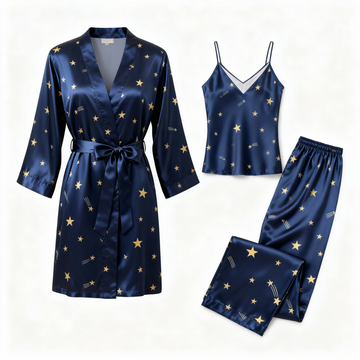 Women’s Navy Silky Satin Homewear Set with Star Motifs