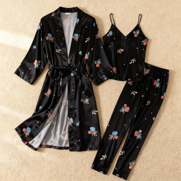Women’s Black Silky Satin Homewear Set with Romantic Floral Motifs