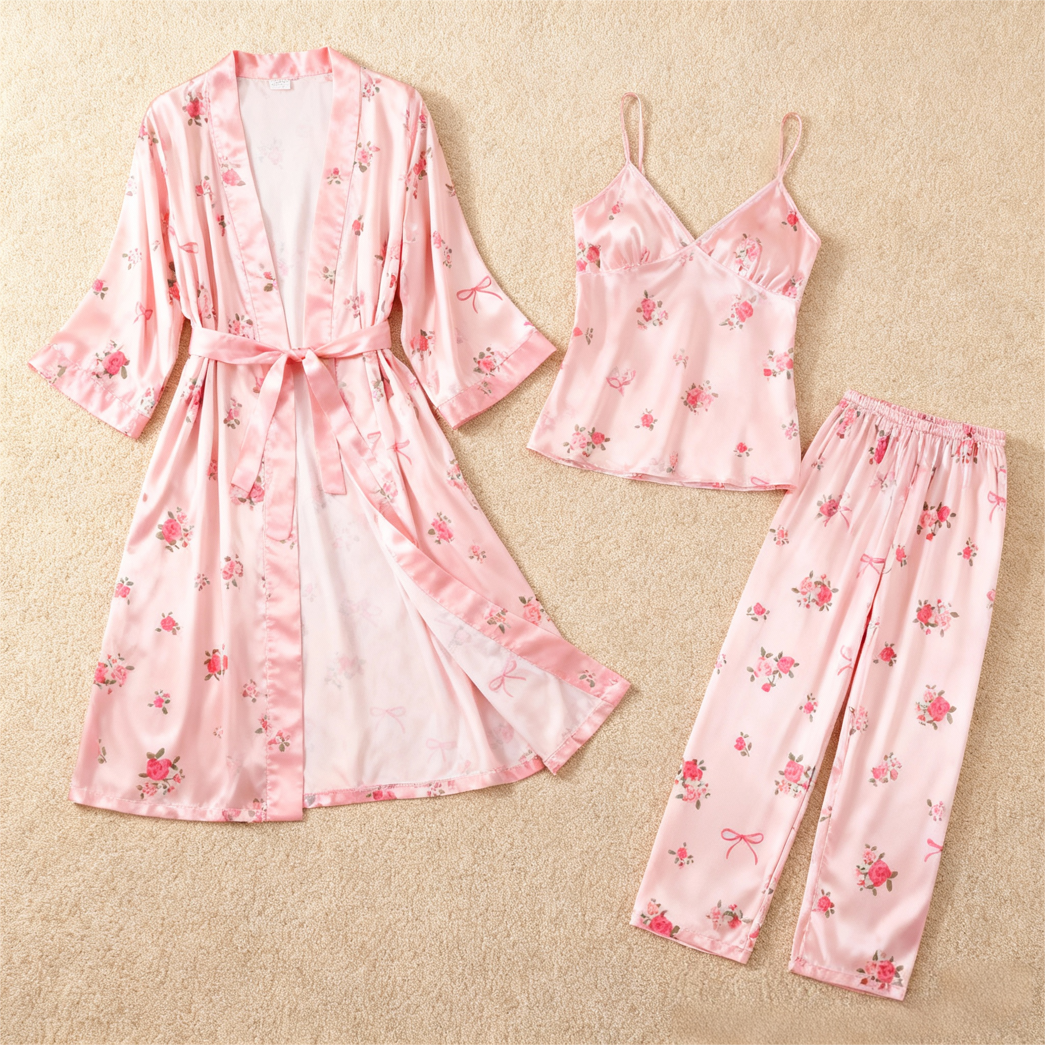 Women’s Pink Silky Satin Homewear Set with Romantic Floral Motifs