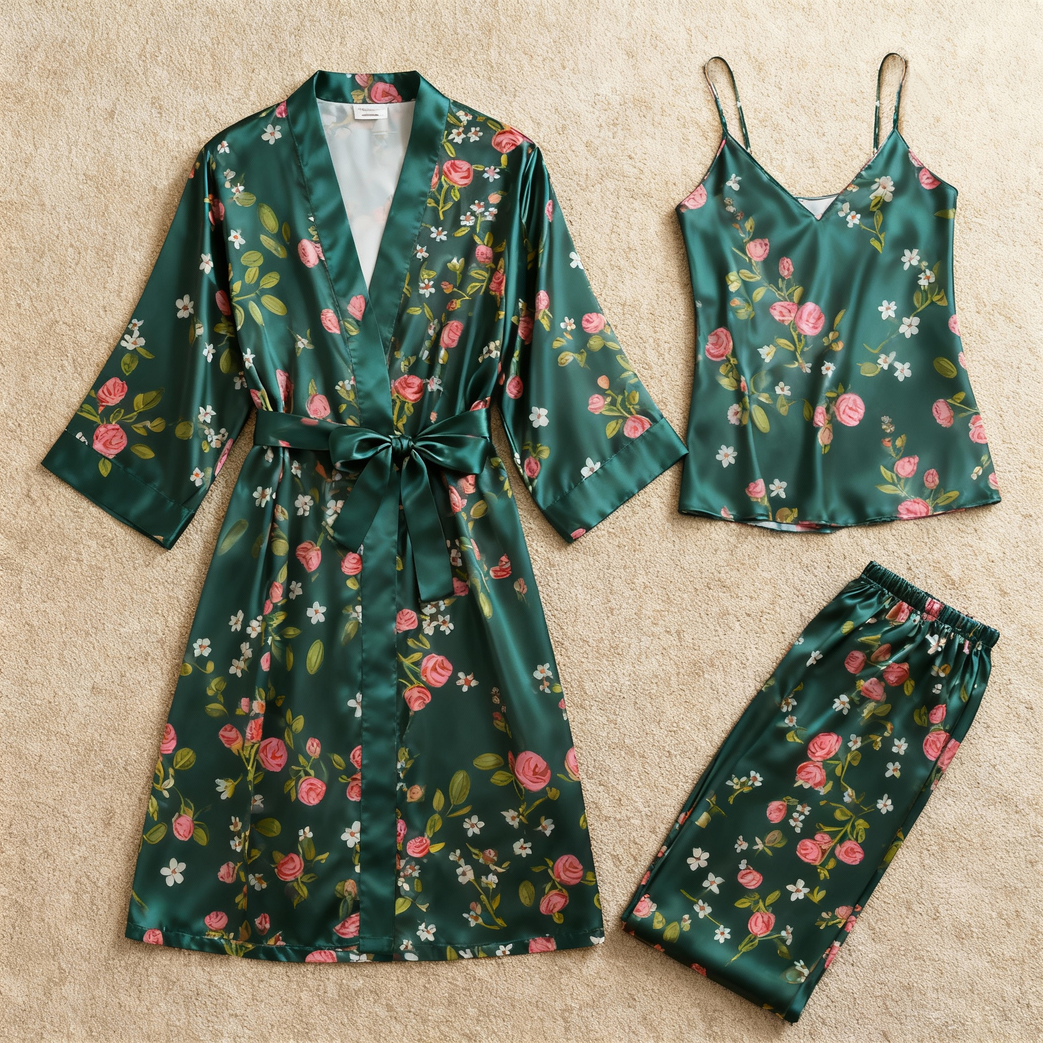 Silky Satin 3-Piece Nightwear Set in Elegant Green Style