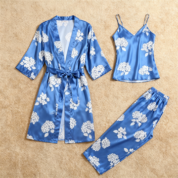 Women’s Blue Silky Satin Homewear Set with White Floral Motifs