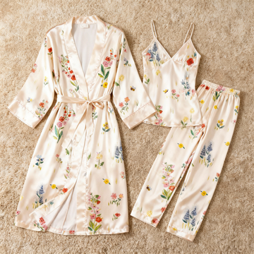 Silky Satin 3-Piece Nightwear Set with Colorful Florals Design