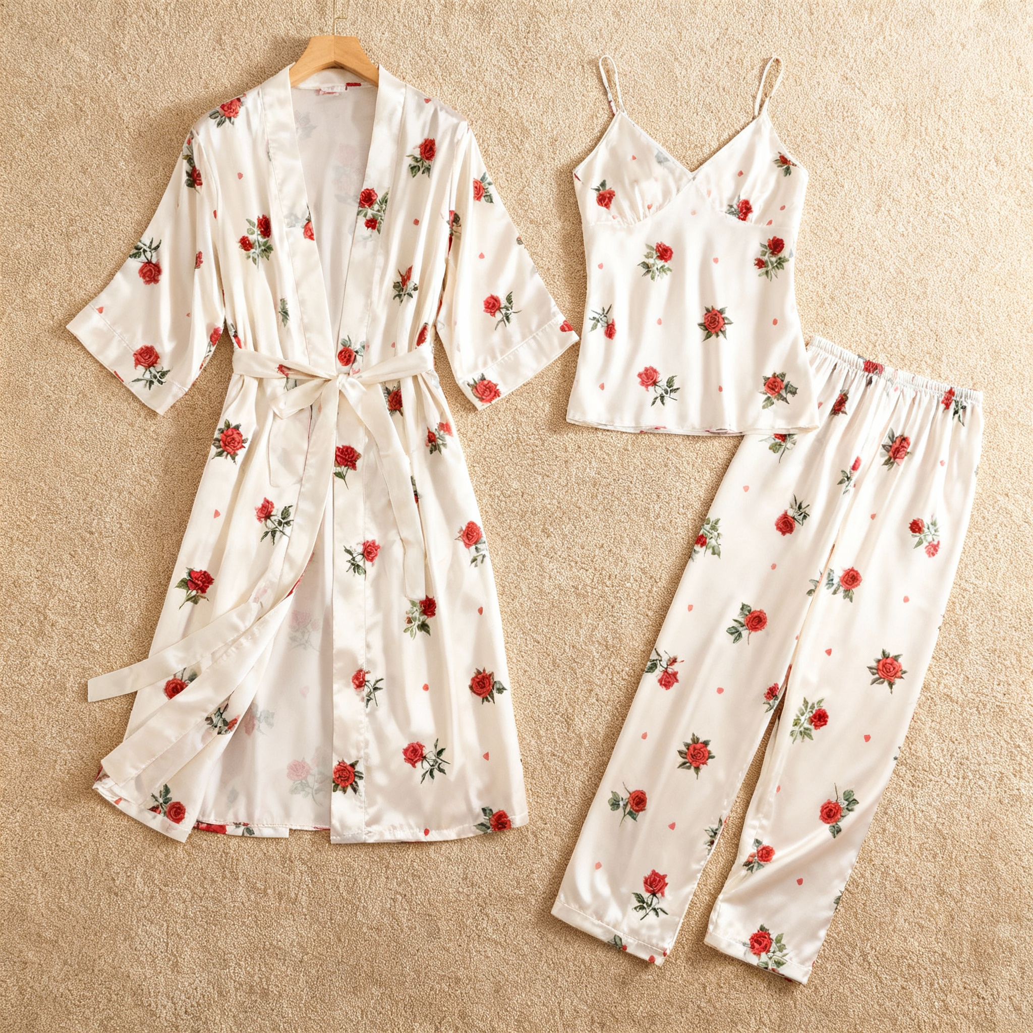 Silky Satin 3-Piece Nightwear Set with Romantic Rose Design