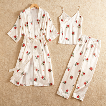 Silky Satin 3-Piece Nightwear Set with Romantic Rose Design
