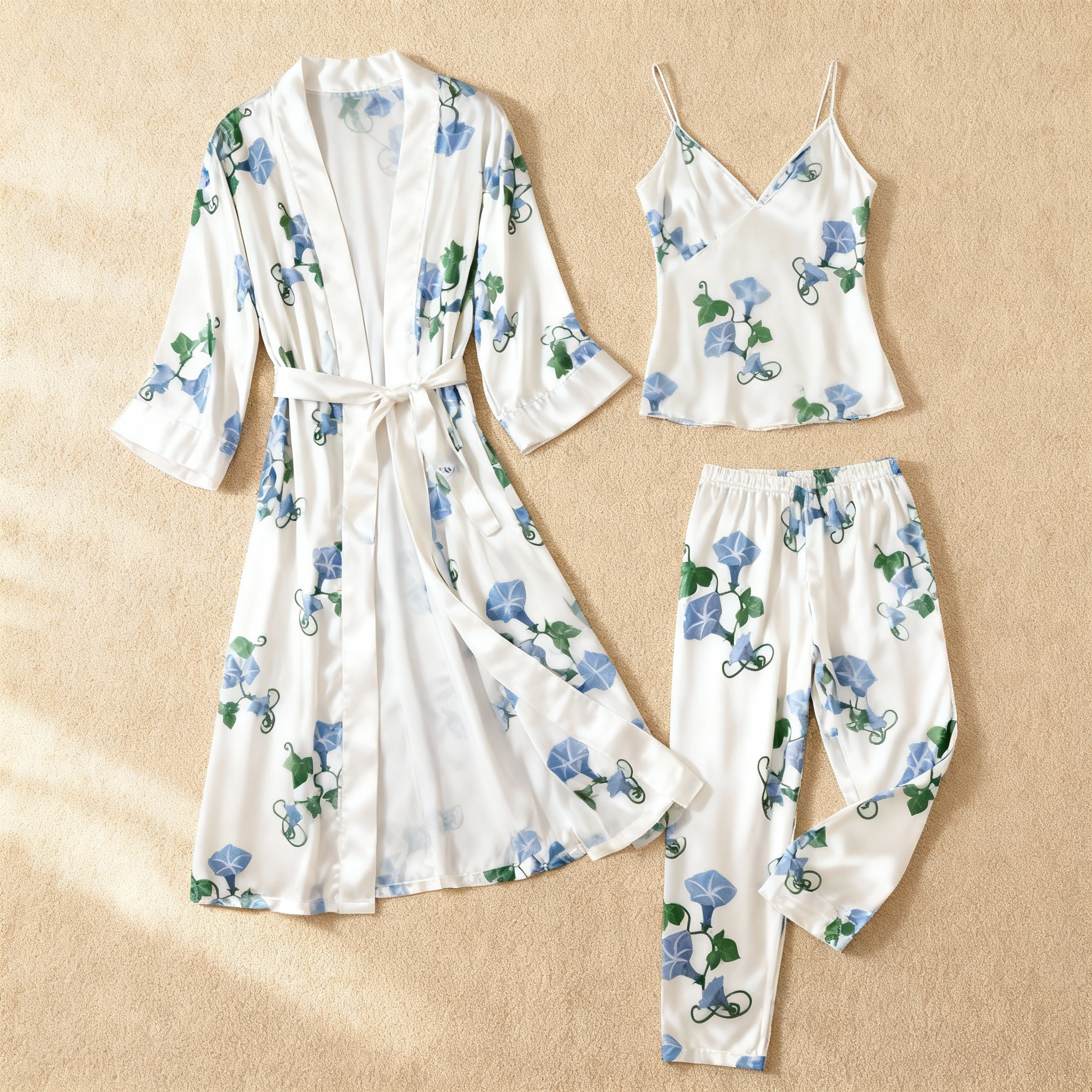 Women’s Silky Satin Homewear Set with Blue Morning Glory Blooms