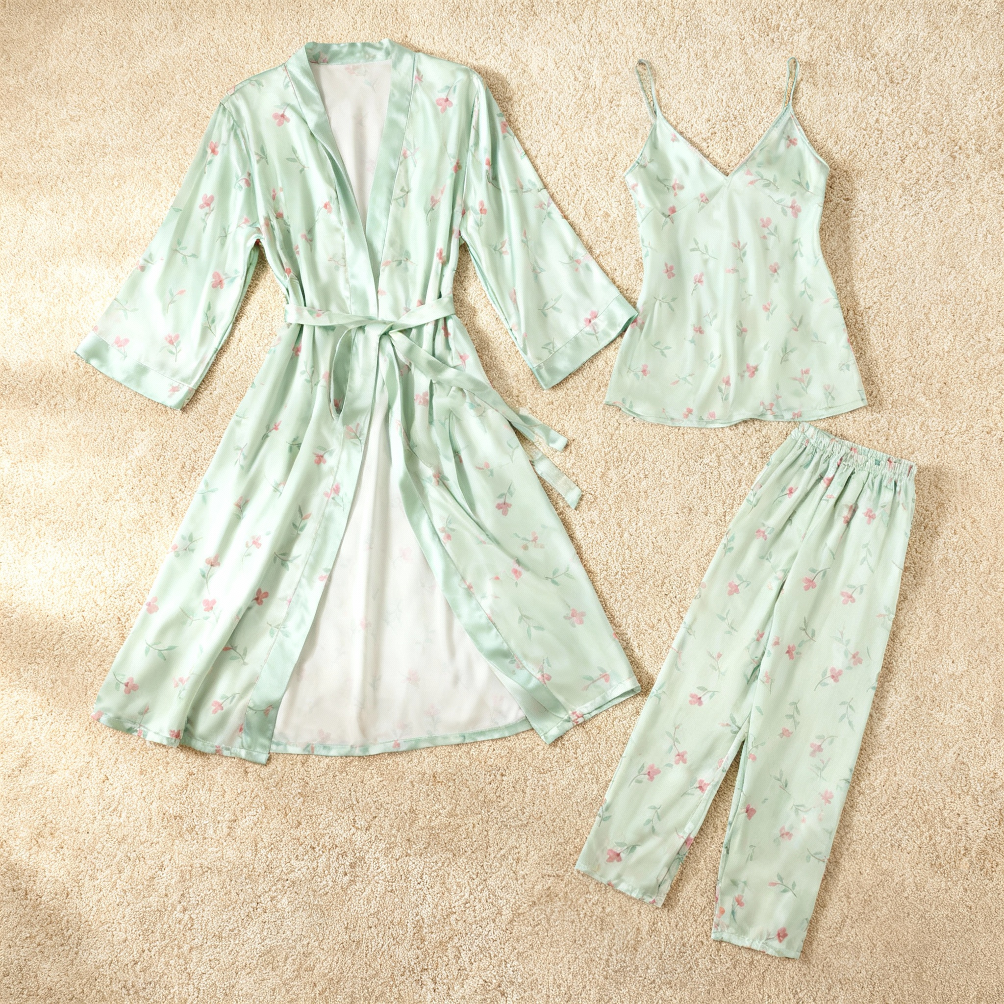 Silky Satin 3-Piece Pale Green Nightwear Set with Soft Florals Design