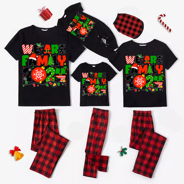 Christmas "We are Family" Colorful Multi-Element Letter Prints Black Short Sleeve with Red & Black Plaid Pant Family Matching Pajamas