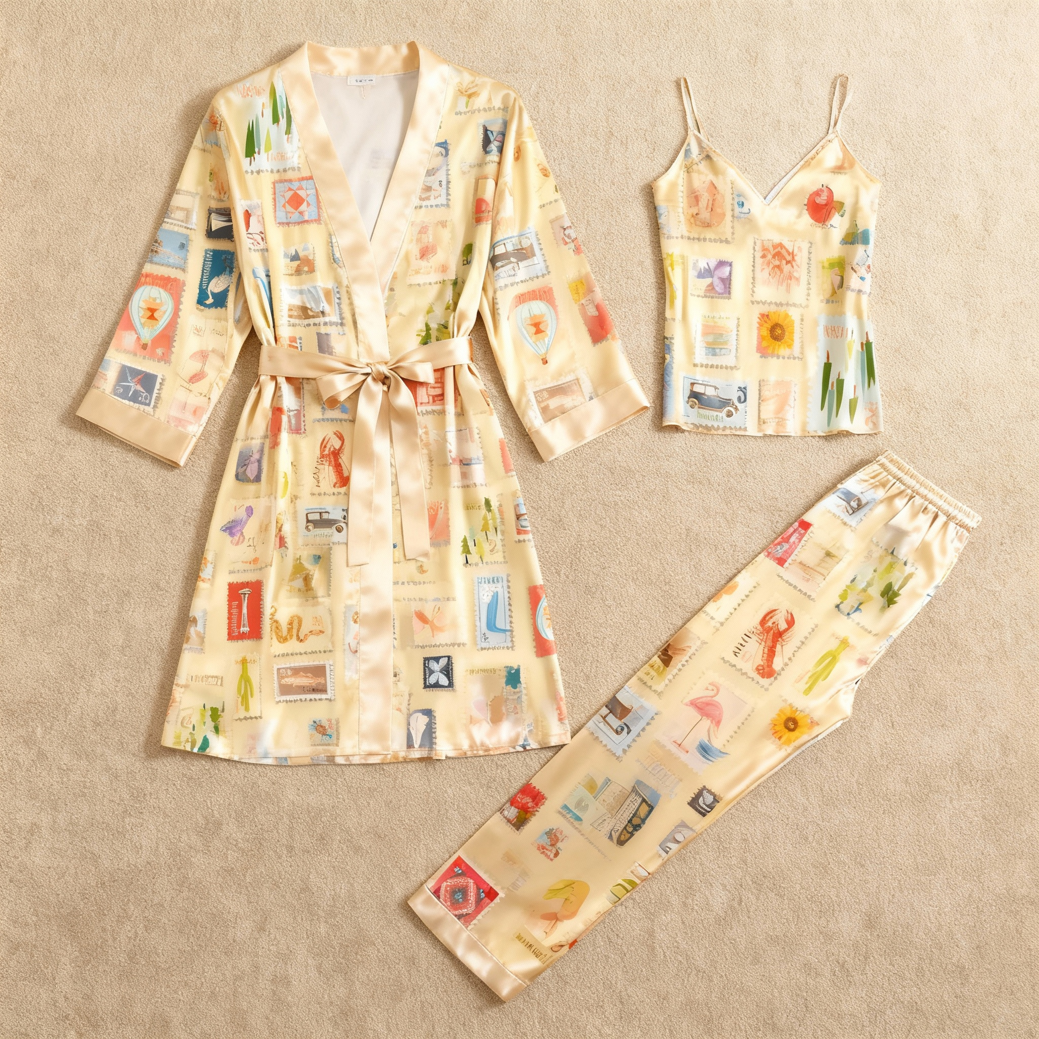 Women’s Yellow Silky Satin Homewear Set with Colorful Illustration