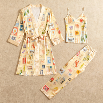 Women’s Yellow Silky Satin Homewear Set with Colorful Illustration