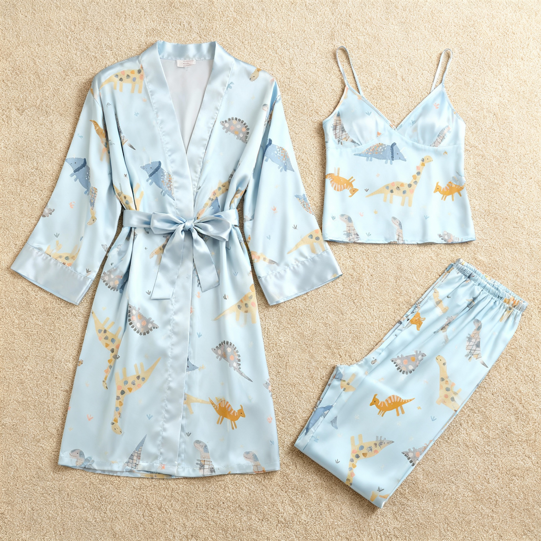 Women’s Light Blue Silky Satin Homewear Set with Adorable Animal Illustration