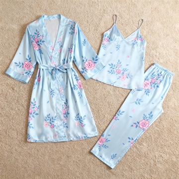 Women’s Blue Silky Satin Homewear Set with Floral Illustration