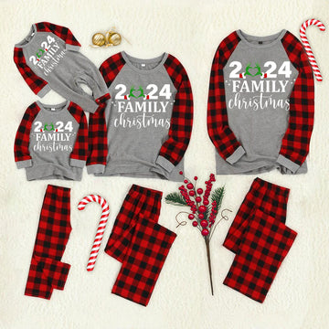 "2024 Family Christmas" Quirky Heart Letter Print Black & Red Plaid Family Matching Grey Pajamas With Dog bandana