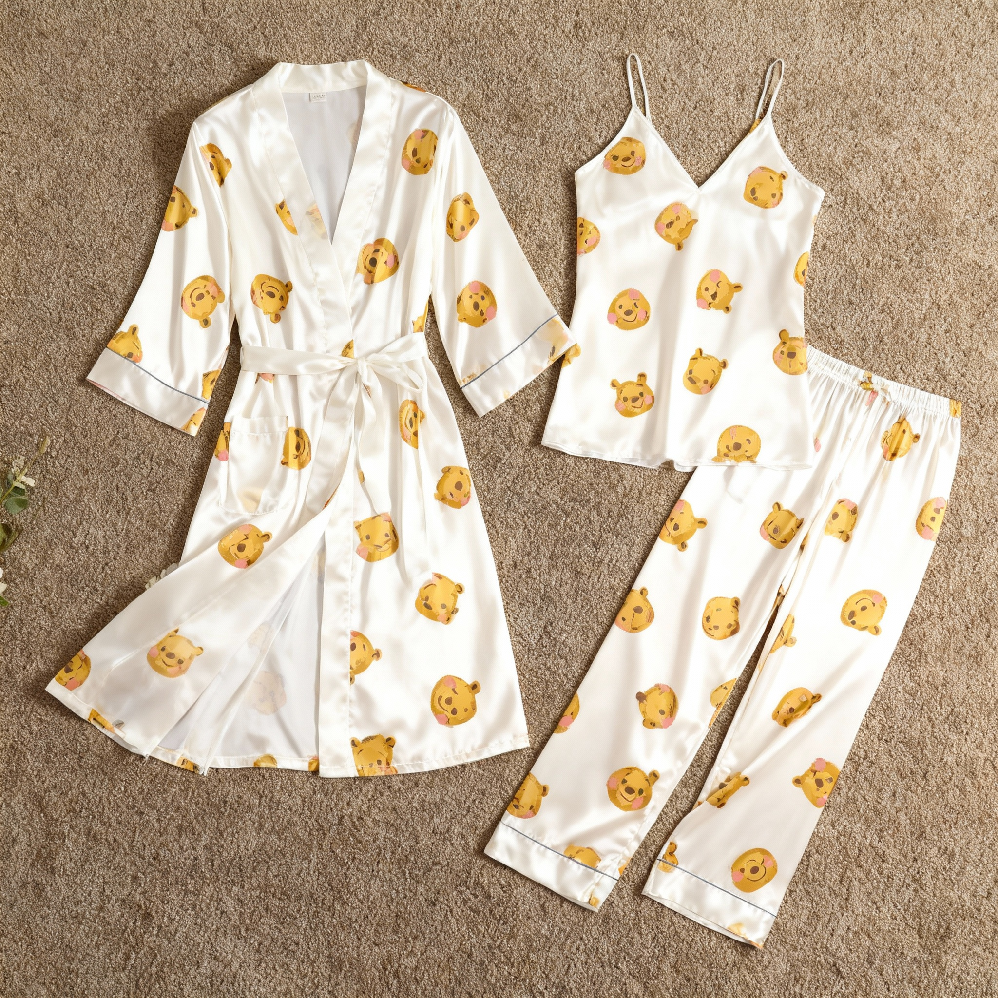 Women’s Silky Satin Homewear Set with Cute Butter-Colored Teddy Bears