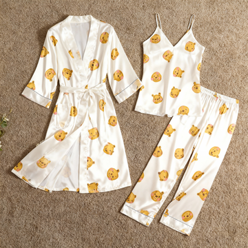 Women’s Silky Satin Homewear Set with Cute Butter-Colored Teddy Bears