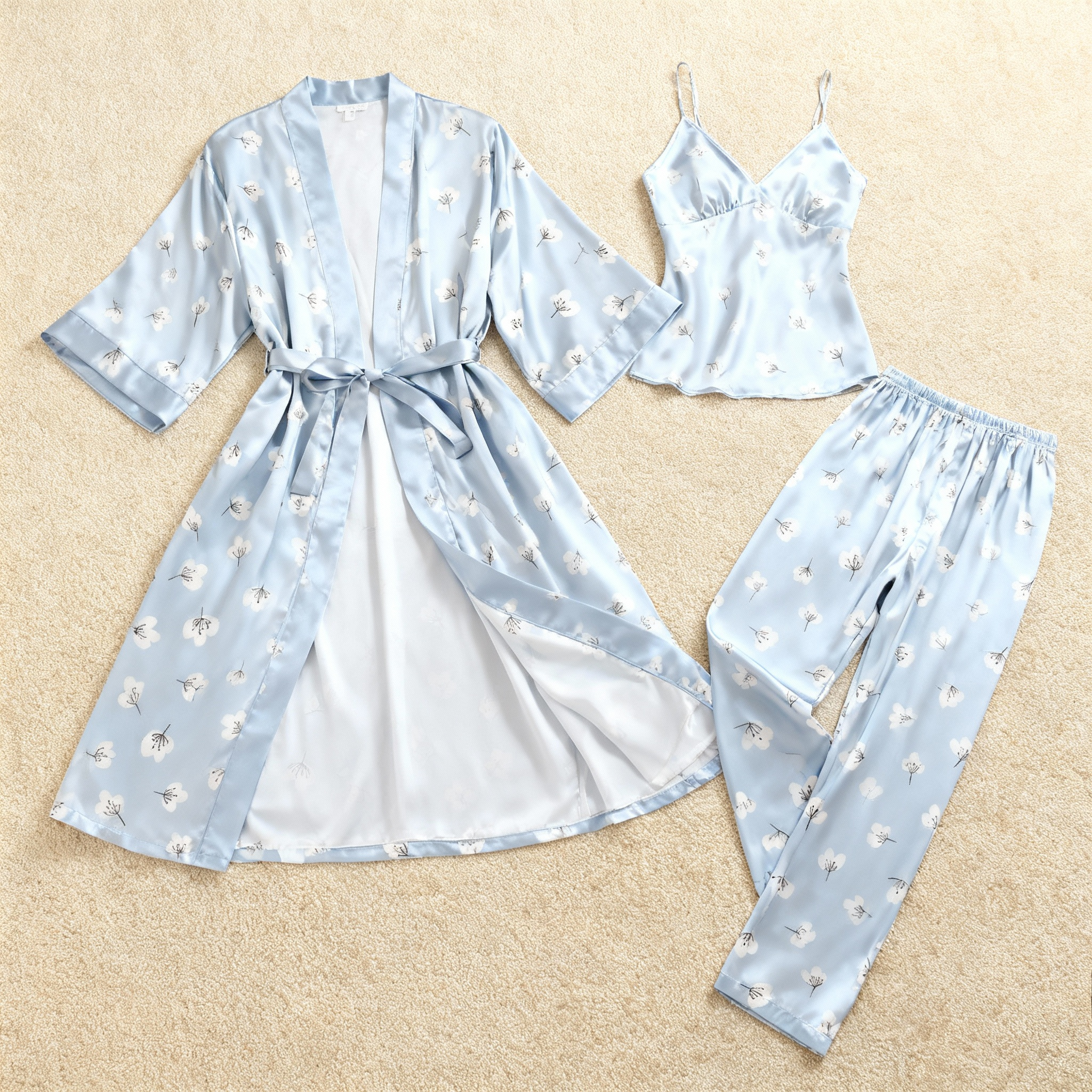 Women’s Silky Satin Homewear Set with Cotton Floral Illustration