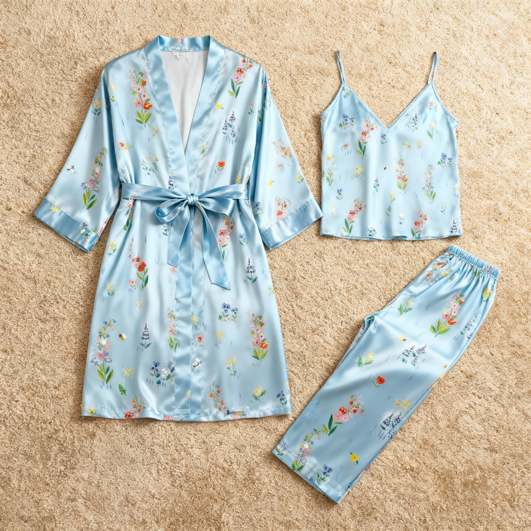 Women’s Silky Satin Homewear Set with Natural Floral Illustration
