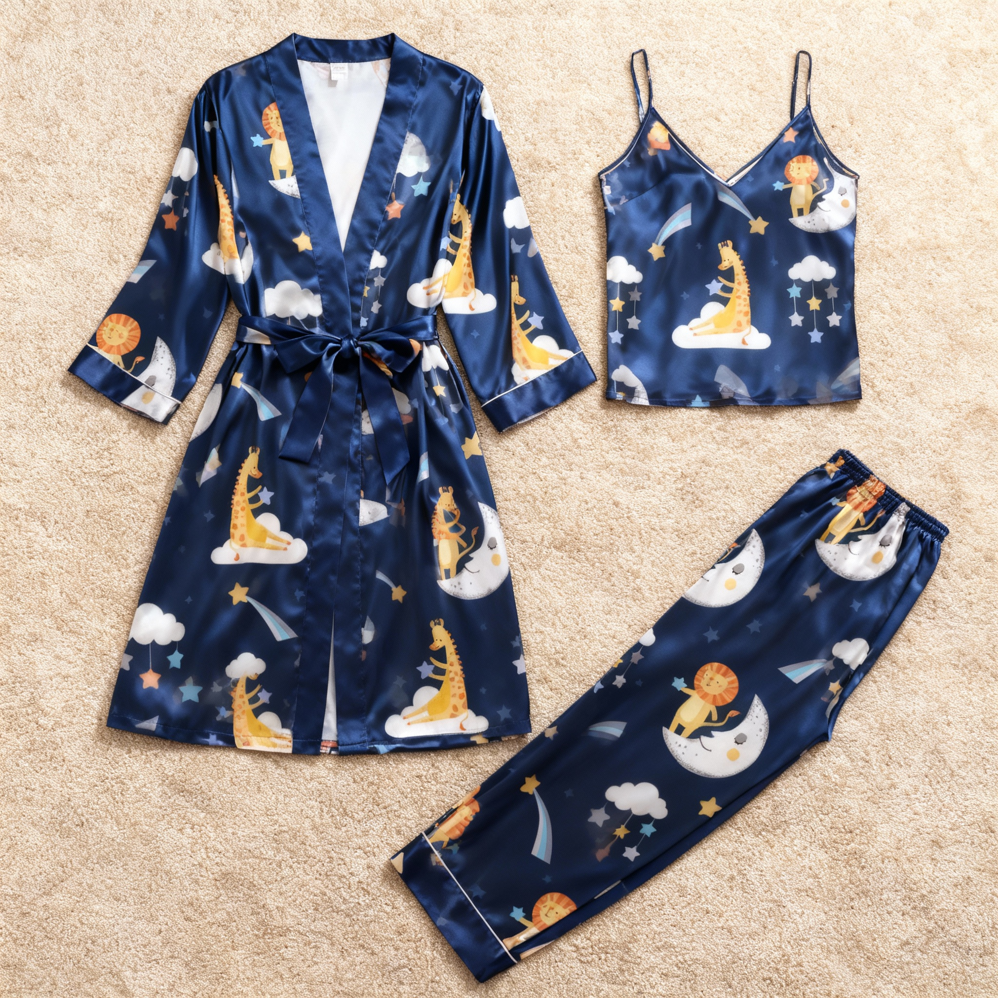 Women’s Navy Silky Satin Homewear Set with Cute Animal Motifs