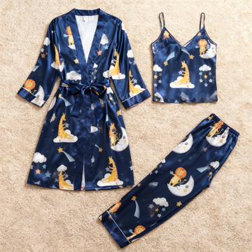 Women’s Navy Silky Satin Homewear Set with Cute Animal Motifs