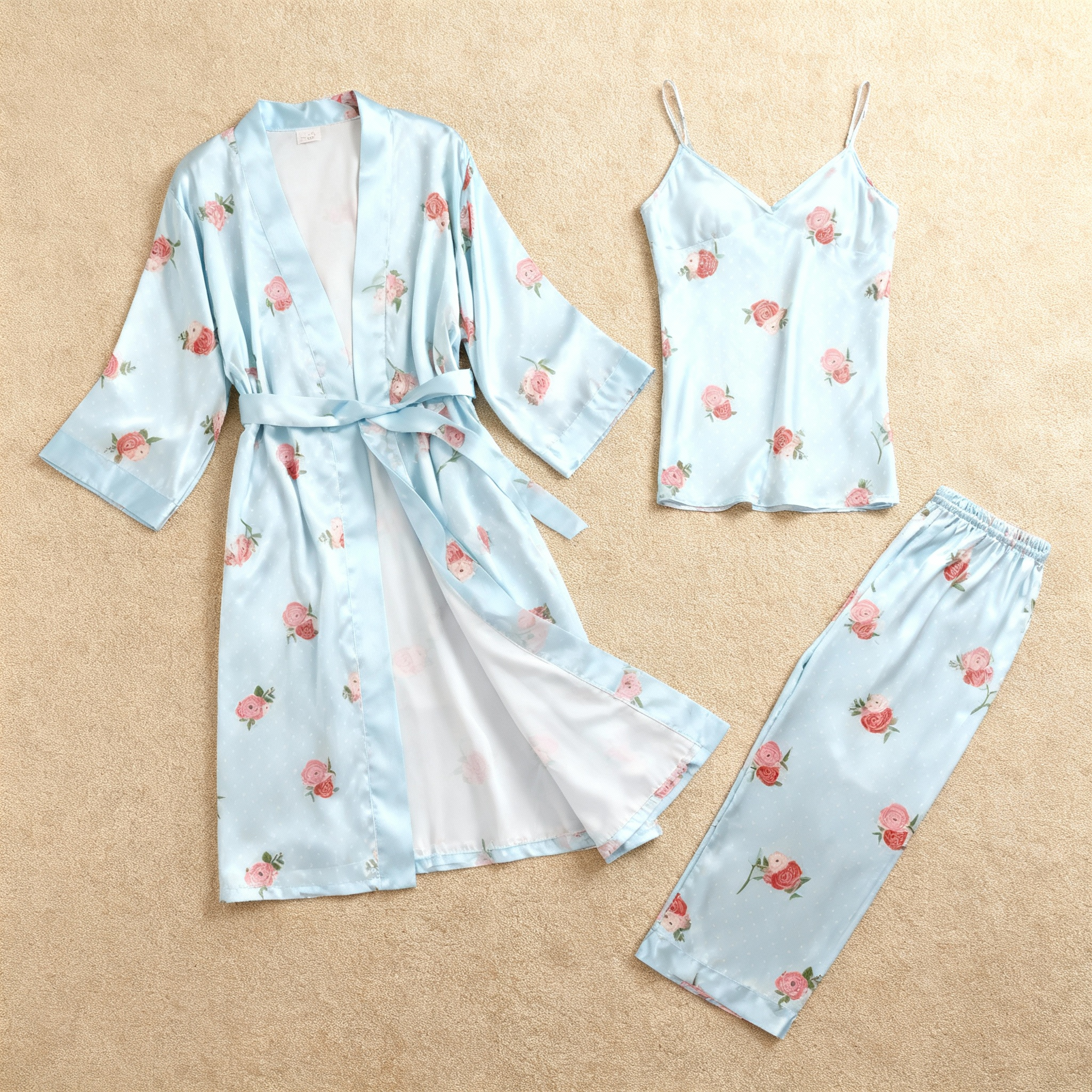 Women’s Light Blue Silky Satin Homewear Set with Rose Illustration