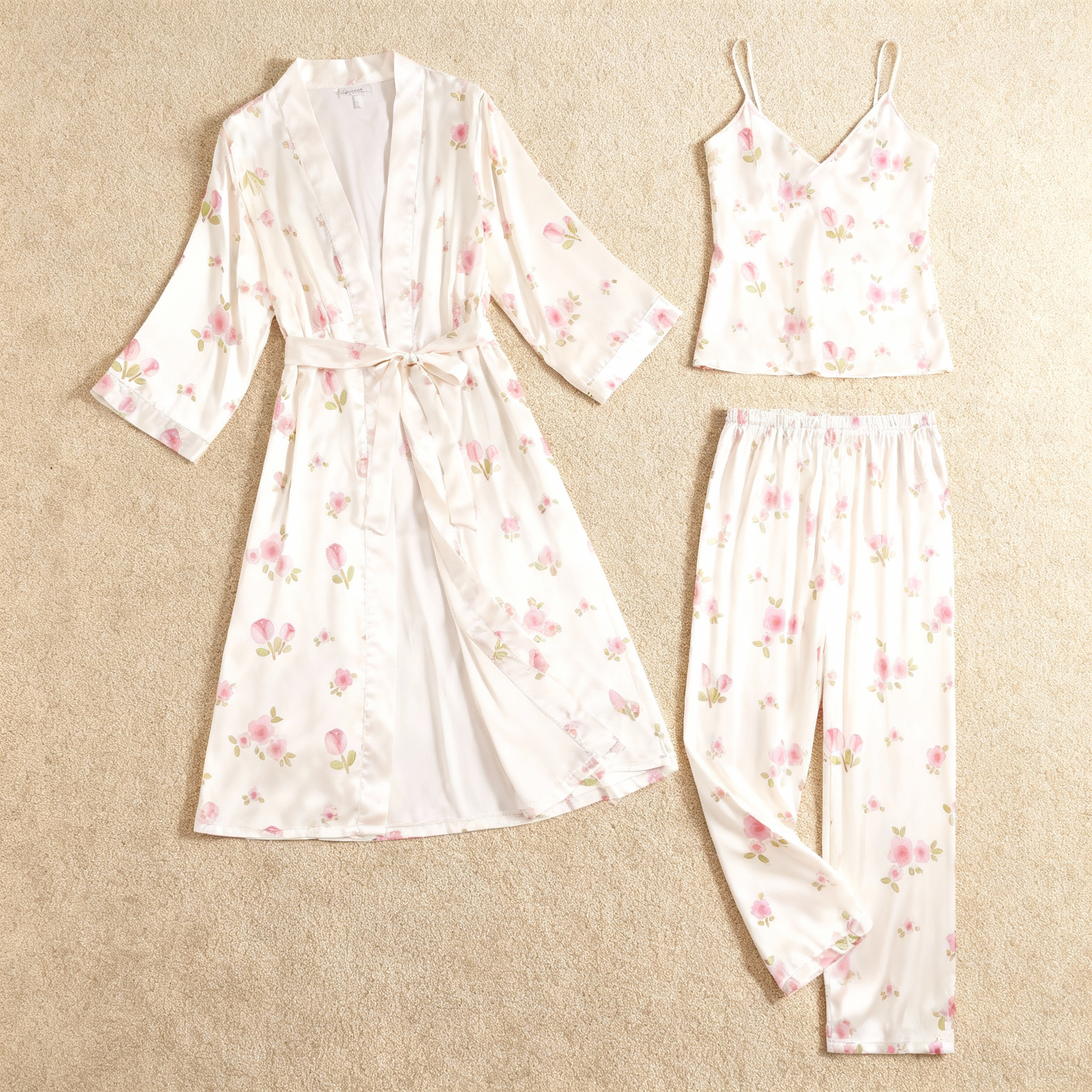 Silky Satin 3-Piece Nightwear Set with Watercolor Florals Design
