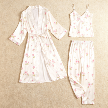 Silky Satin 3-Piece Nightwear Set with Watercolor Florals Design