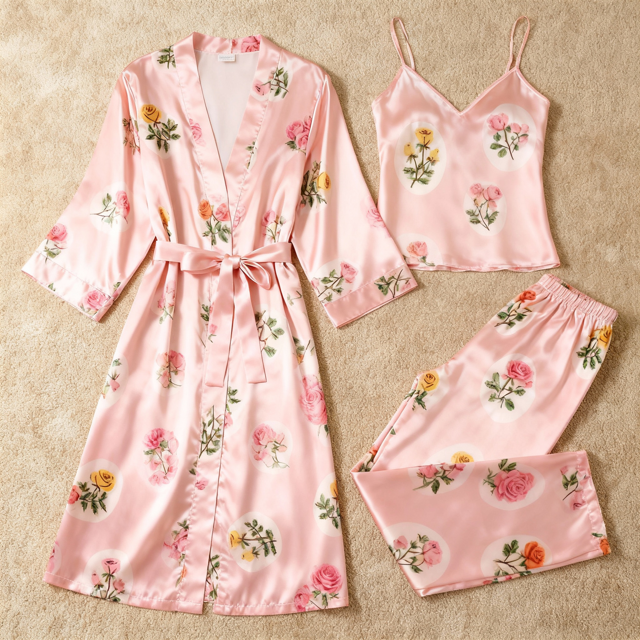 Women’s Pink Silky Satin Homewear Set with Rose Illustration