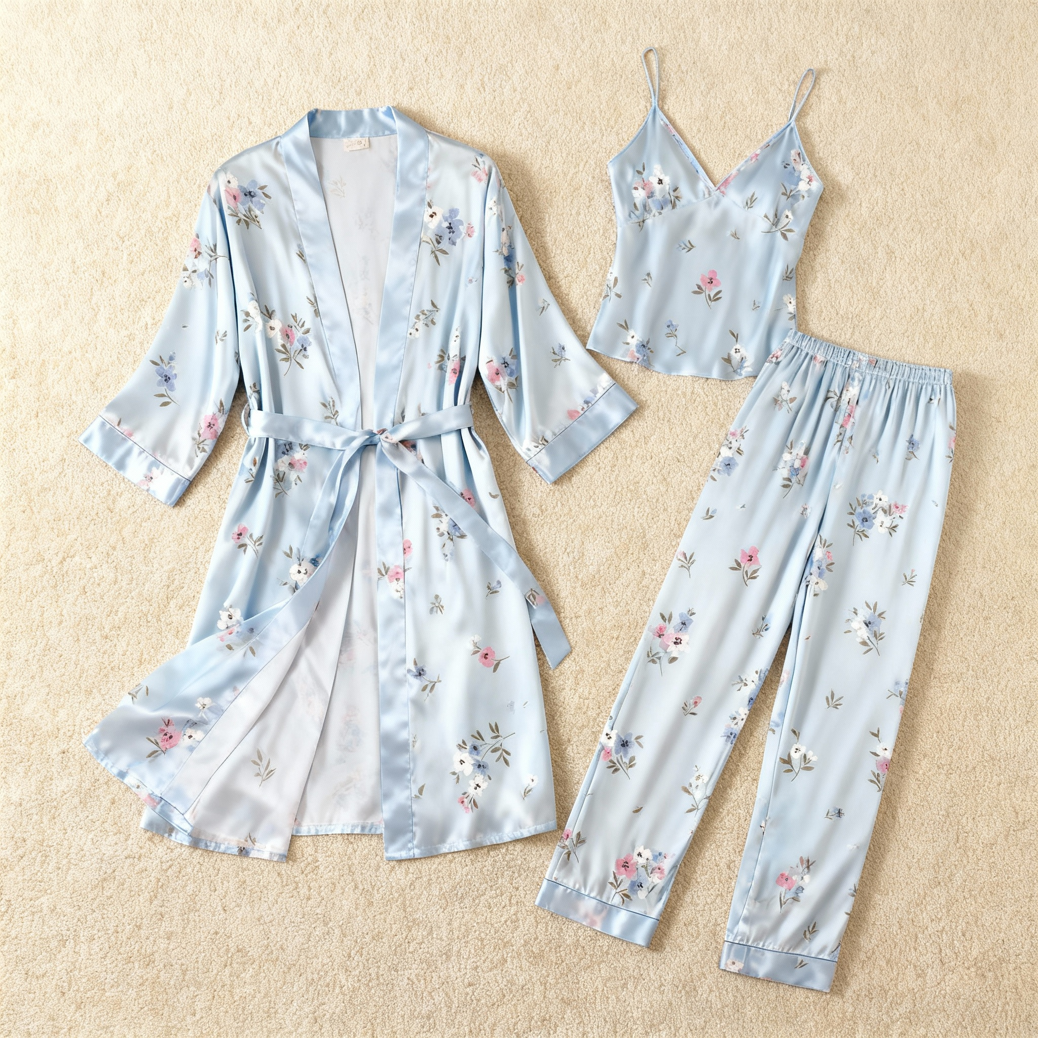 Women’s Pale Blue Silky Satin Homewear Set with Floral Illustration