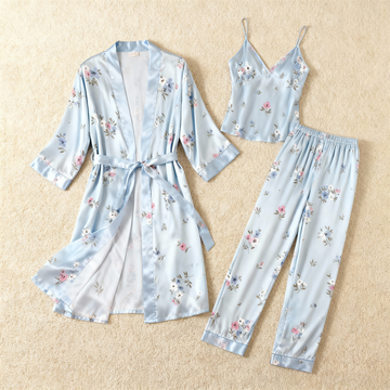 Women’s Pale Blue Silky Satin Homewear Set with Floral Illustration