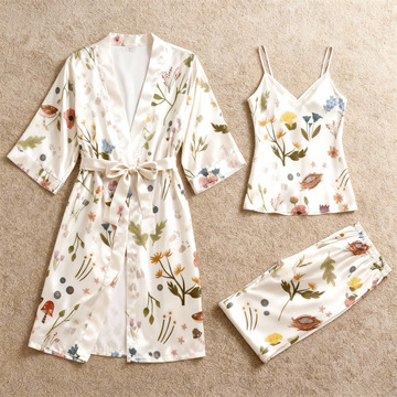 Women’s Silky Satin Homewear Set with Elegant Floral Illustration
