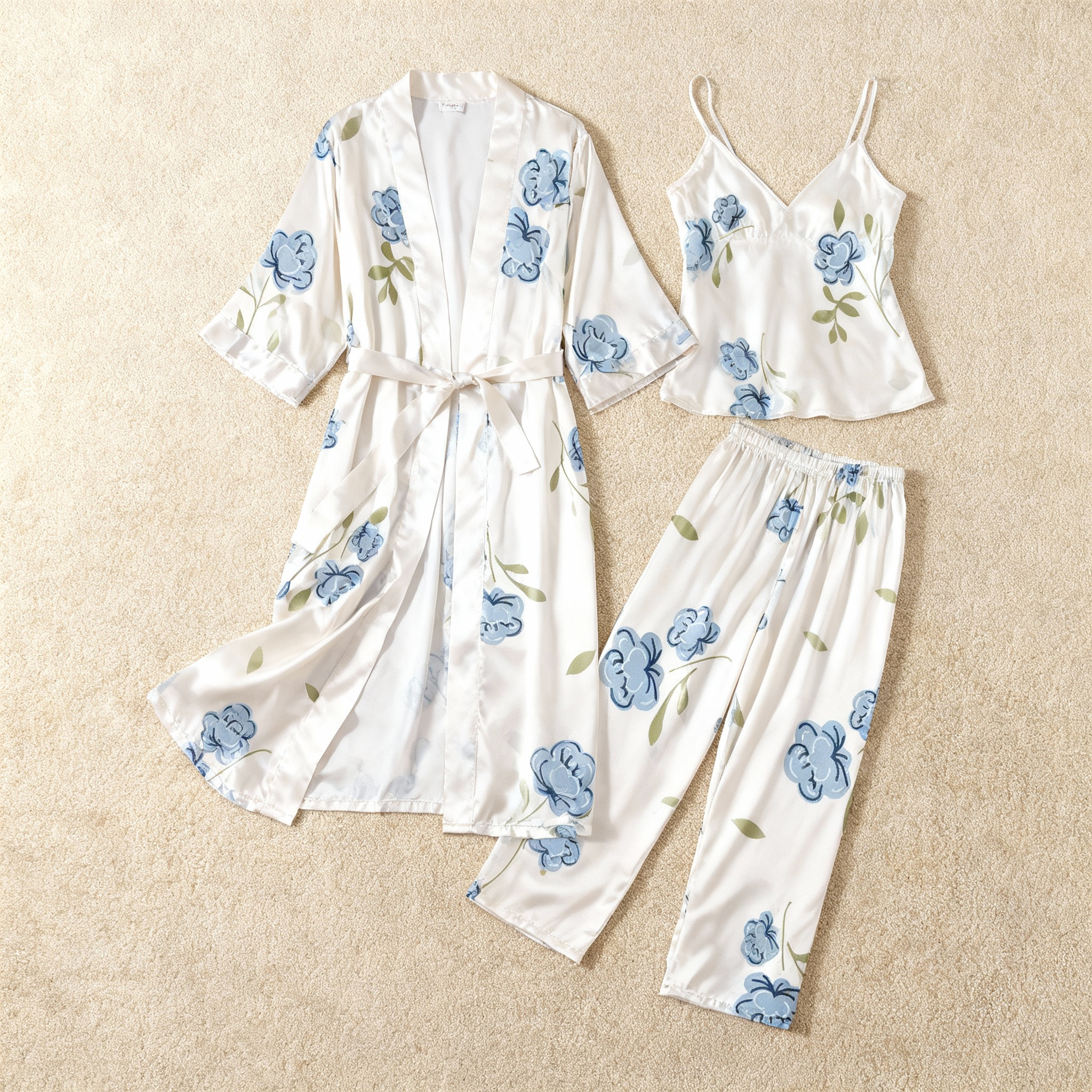 Women’s Silky Satin Homewear Set with Elegant Blue Floral Illustration