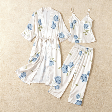 Women’s Silky Satin Homewear Set with Elegant Blue Floral Illustration
