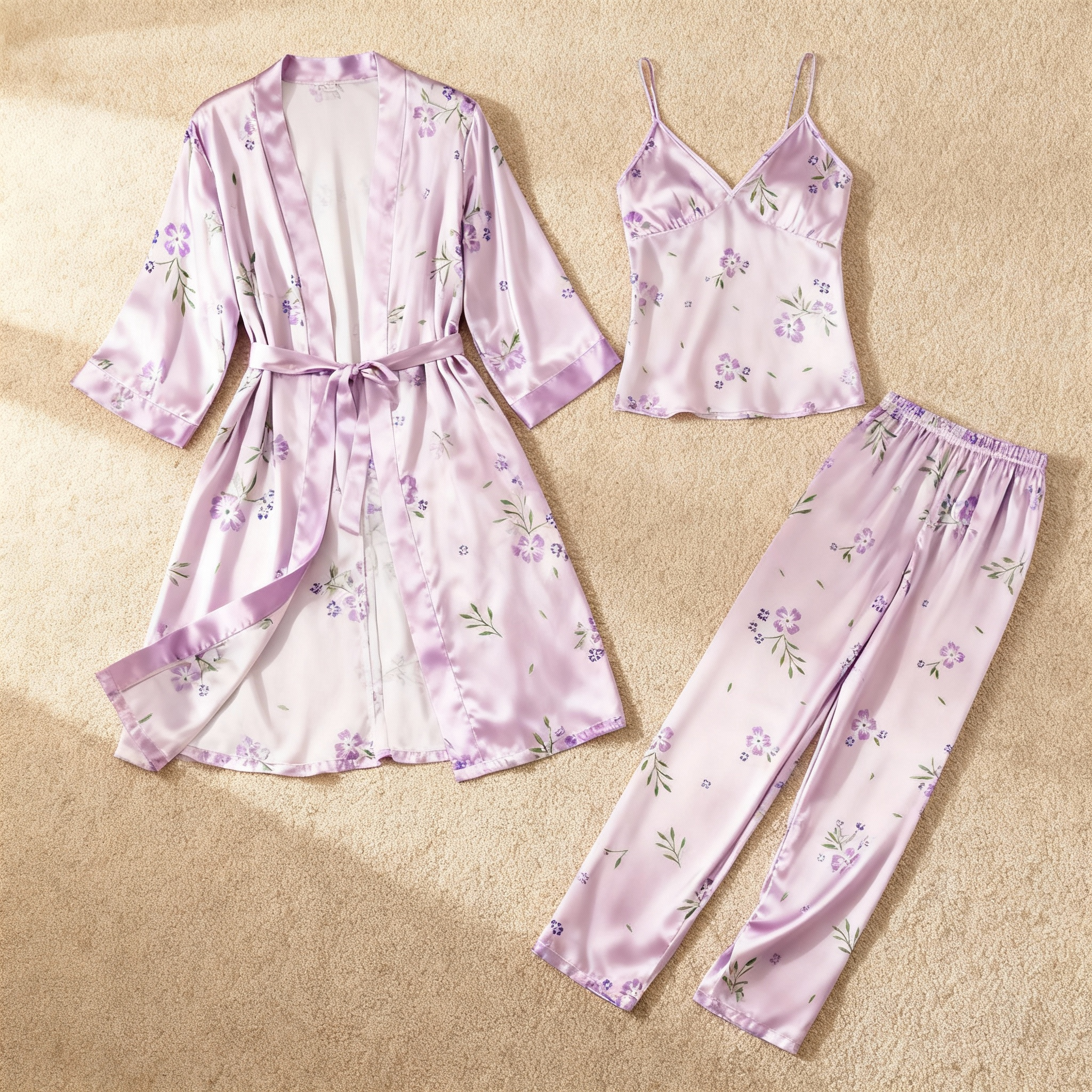 Silky Satin 3-Piece Nightwear Set in Elegant Purple Style