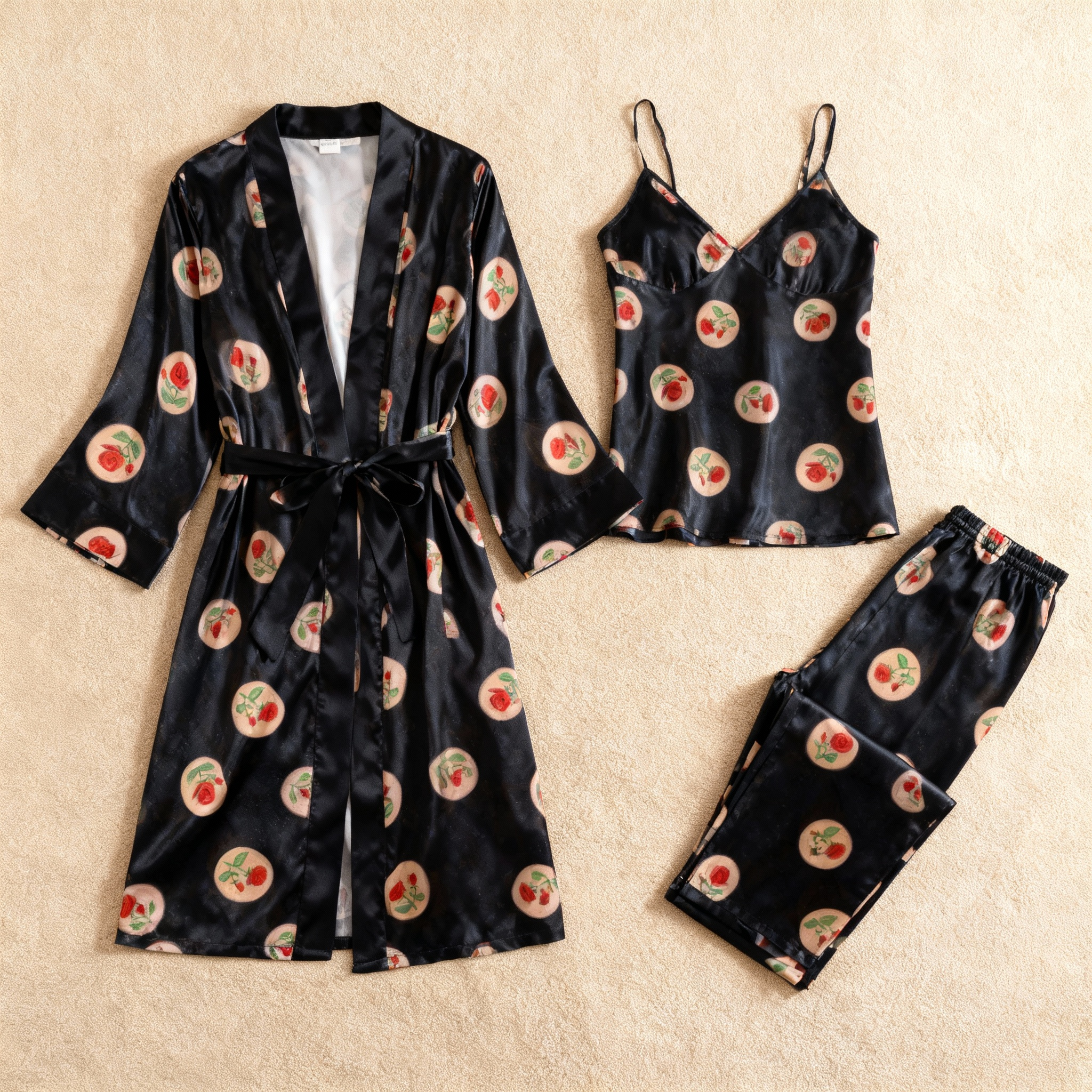 Women’s Black Silky Satin Homewear Set with Romantic Rose Illustration