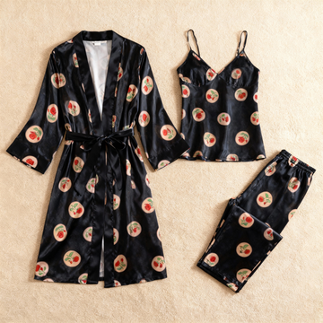 Women’s Black Silky Satin Homewear Set with Romantic Rose Illustration