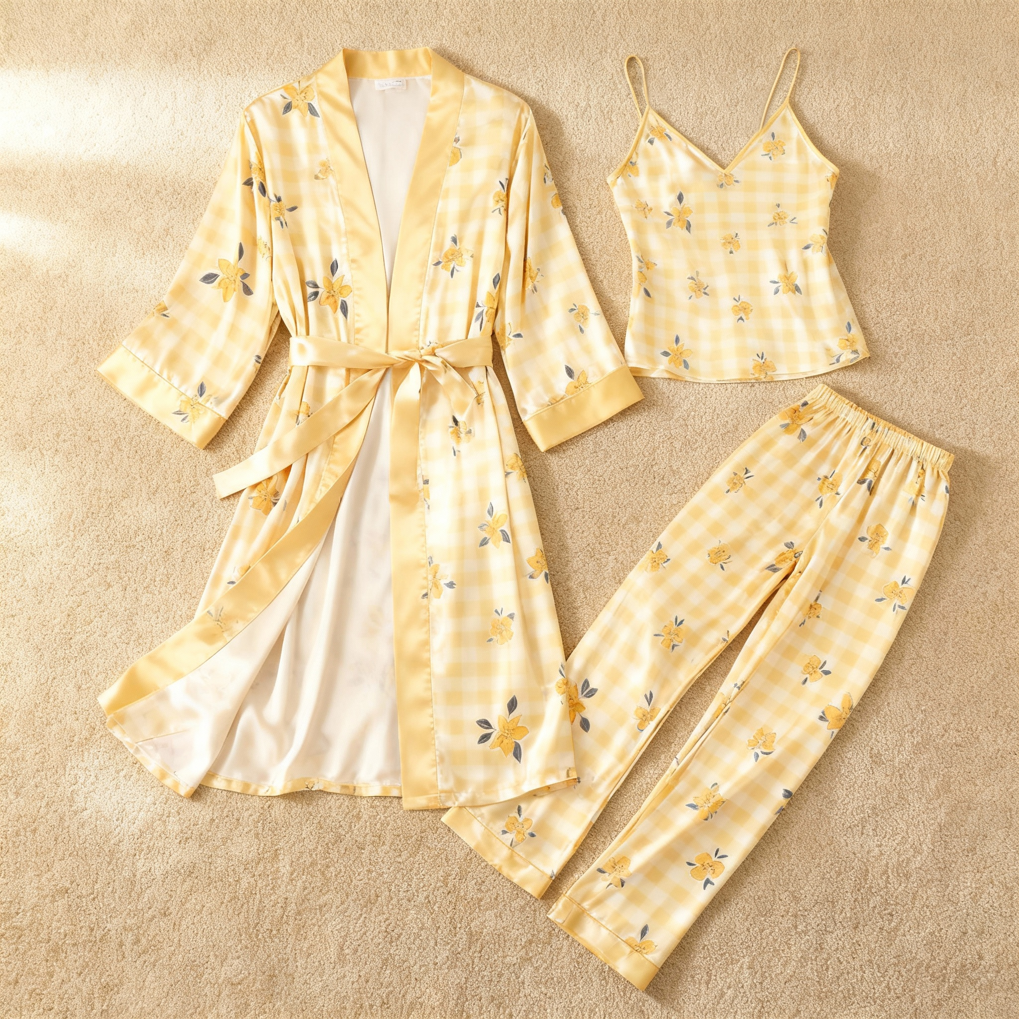Silky Satin 3-Piece Nightwear Set in Vibrant Yellow Style
